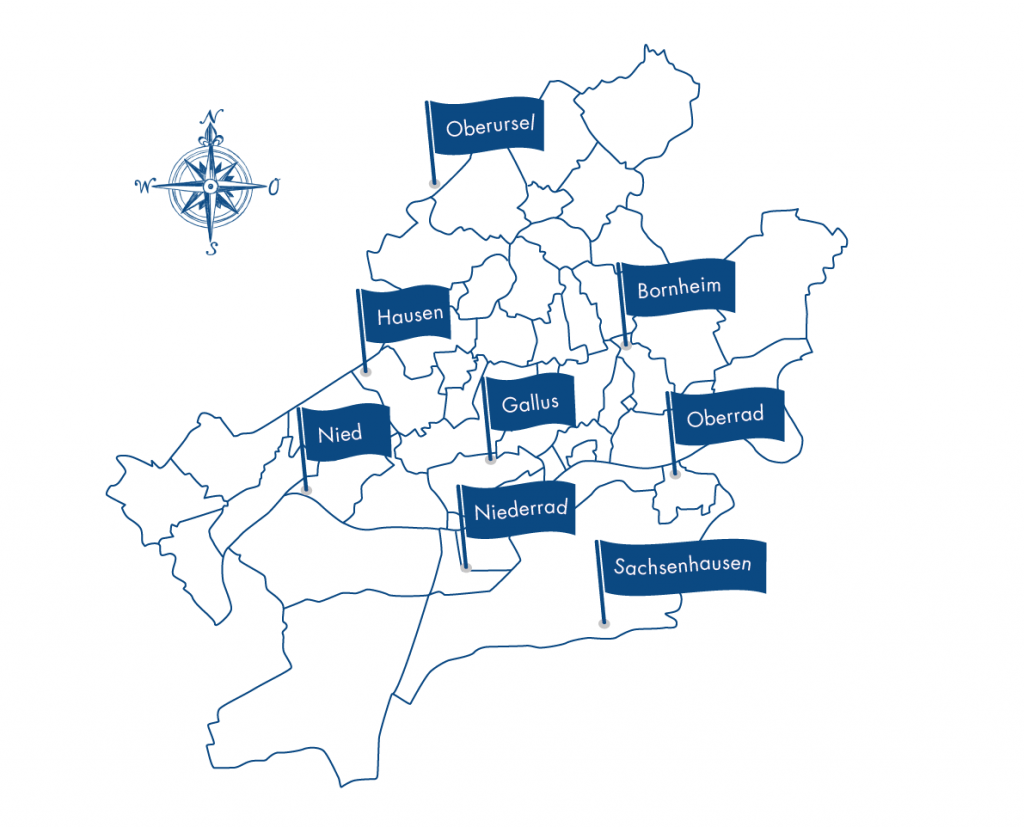 gezeichnete Karte mit allen Standorten der Therapielotsen in Frankfurt a.M.
