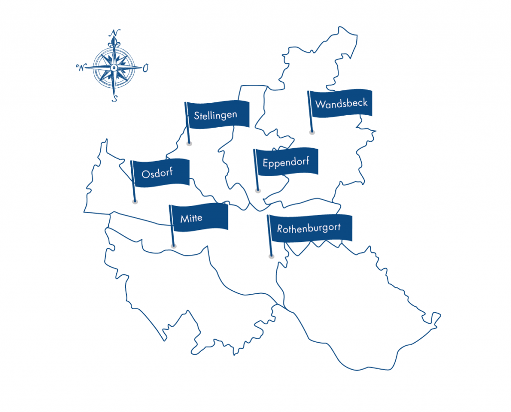 gezeichnete Karte von Hamburg mit allen Standorten der Therapielotsen