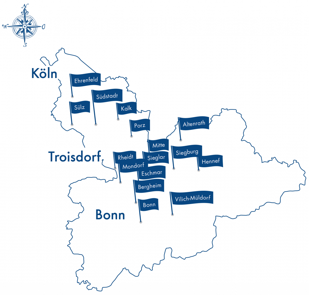 gezeichnete Karte der Einsatzorte Therapielotsen Köln Bonn, blaue Fähnchen