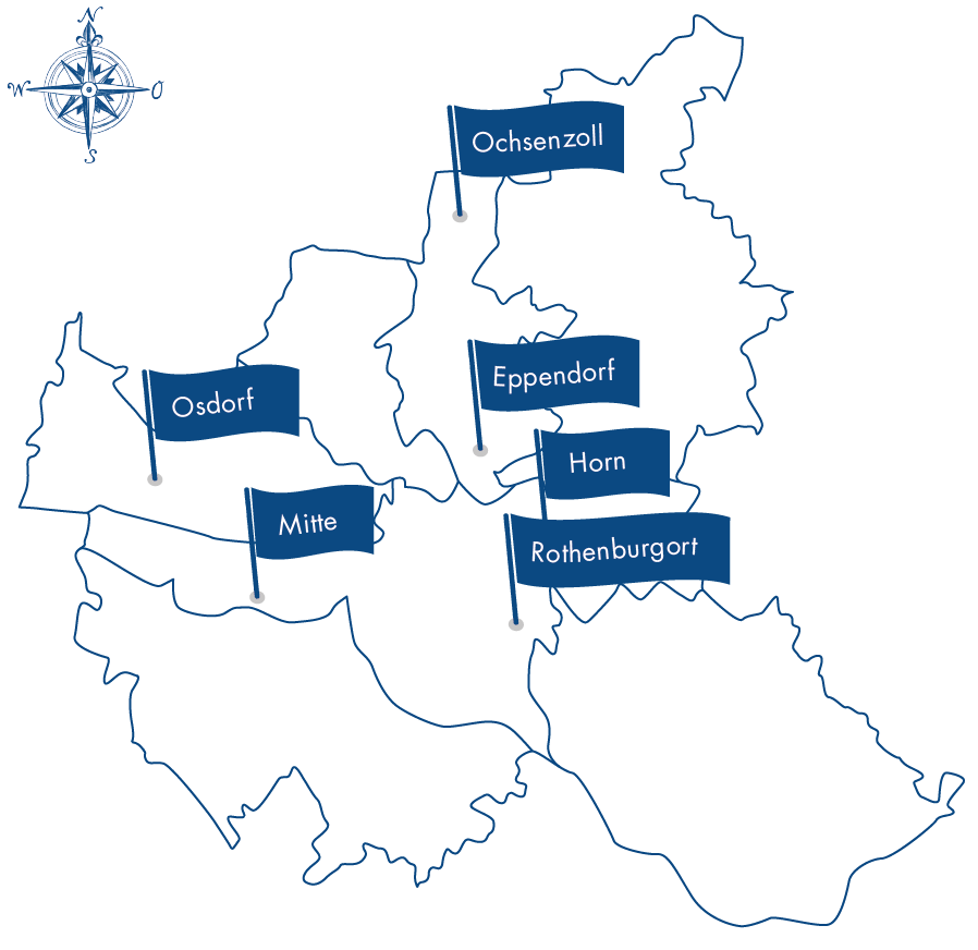 gezeichnete Karte von Hamburg mit allen Standorten der Therapielotsen
