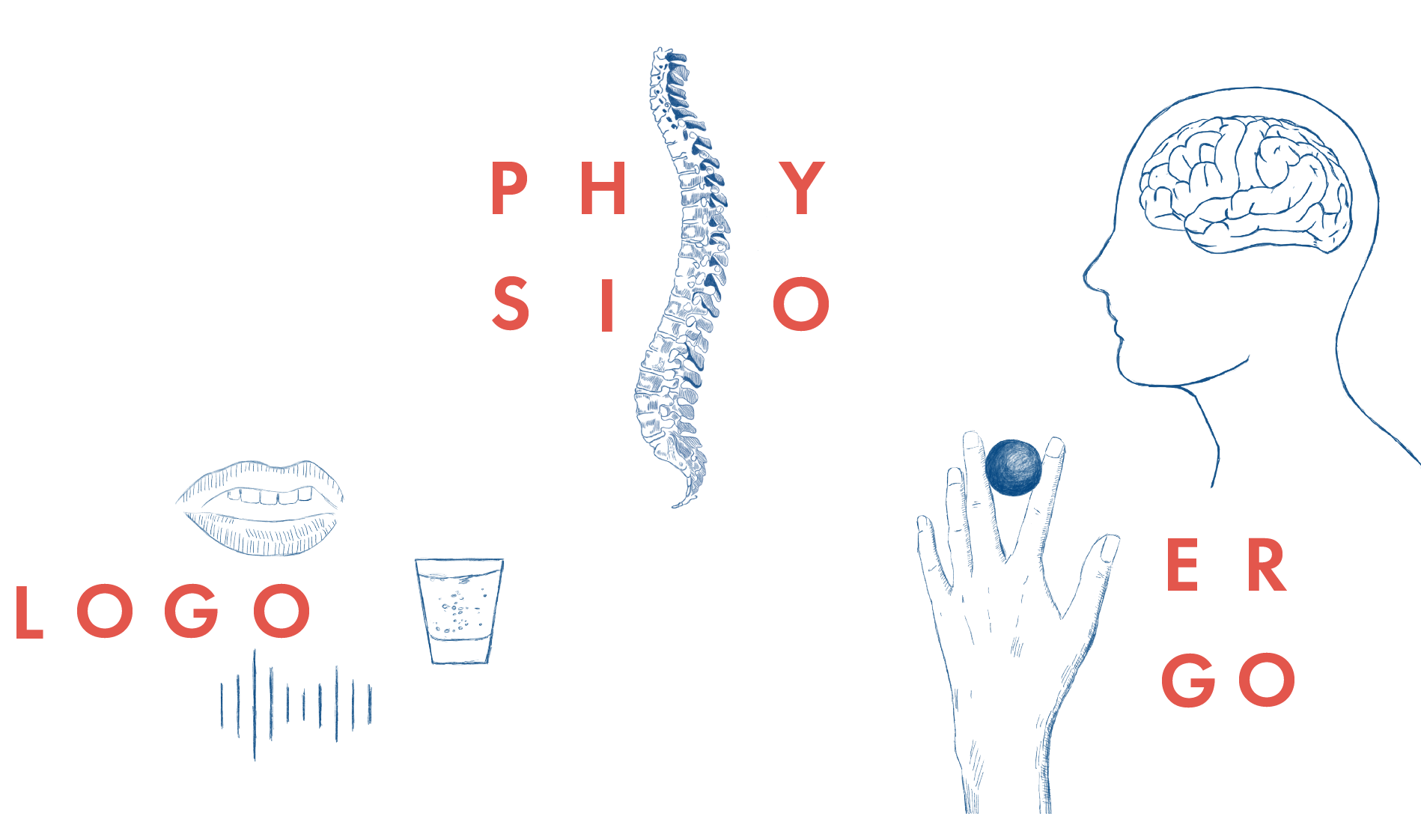 Linienzeichnung mit stilisierter Wirbelsäule, Kopf mit Gehirn, Hand, Mund, Schallwellen und Glas, daneben die rot geschriebenen Wörter 'PHYSIO', 'ERGO' und 'LOGO'