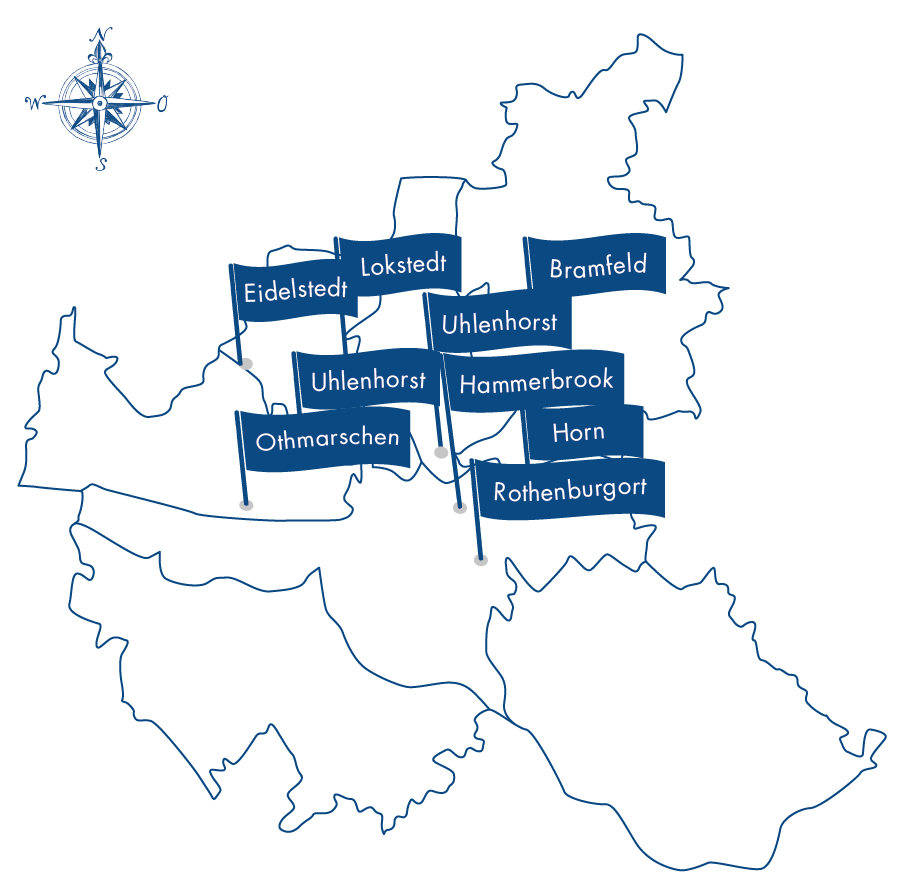gezeichnete Karte von Hamburg mit allen Standorten der Therapielotsen