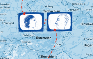 Ausschnitte von Europakarte in deren Mitte zwei Bildschirme nebeneinander eingezeichnet sind. In den Bildschirmen ist je eine gezeichnete Person. Aus Leipzig zeigt ein Pfeil auf den linken Bildschirm, aus Kroation auf den rechten Bildschirm.