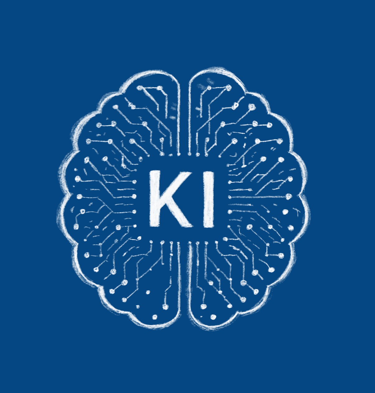 Weiße Linienzeichnung auf blauem Hintergrund eines stilisierten Gehirns mit Schaltkreisen und den Buchstaben 'KI' in der Mitte.