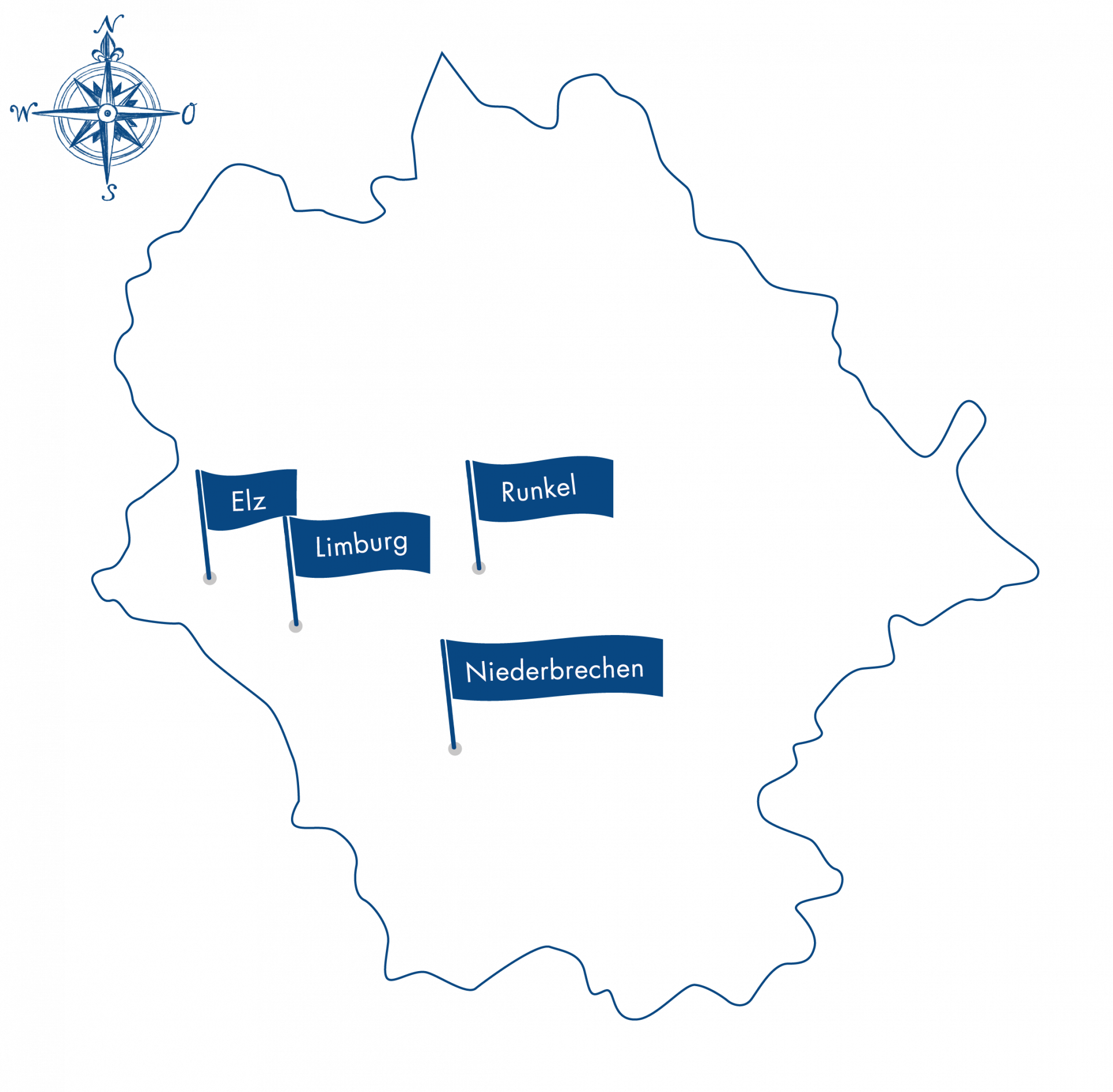 Karte mit Umriss eines Gebiets und markierten Standorten Elz, Limburg, Runkel und Niederbrechen.