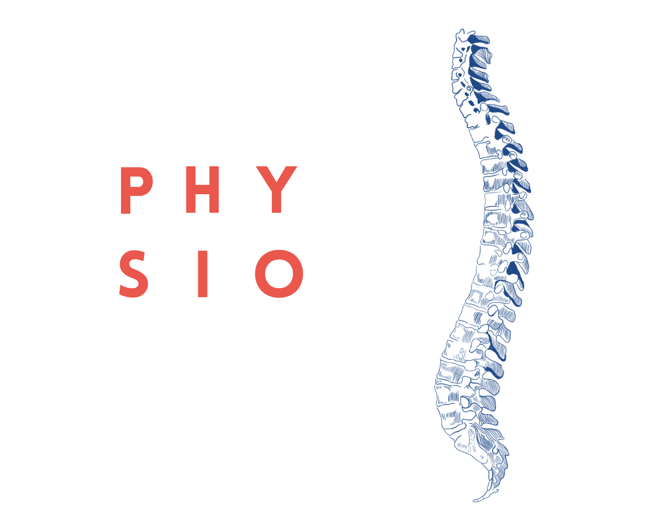 Blau gezeichnete Wirbelsäule neben rot geschriebenem Wort 'PHYSIO'.