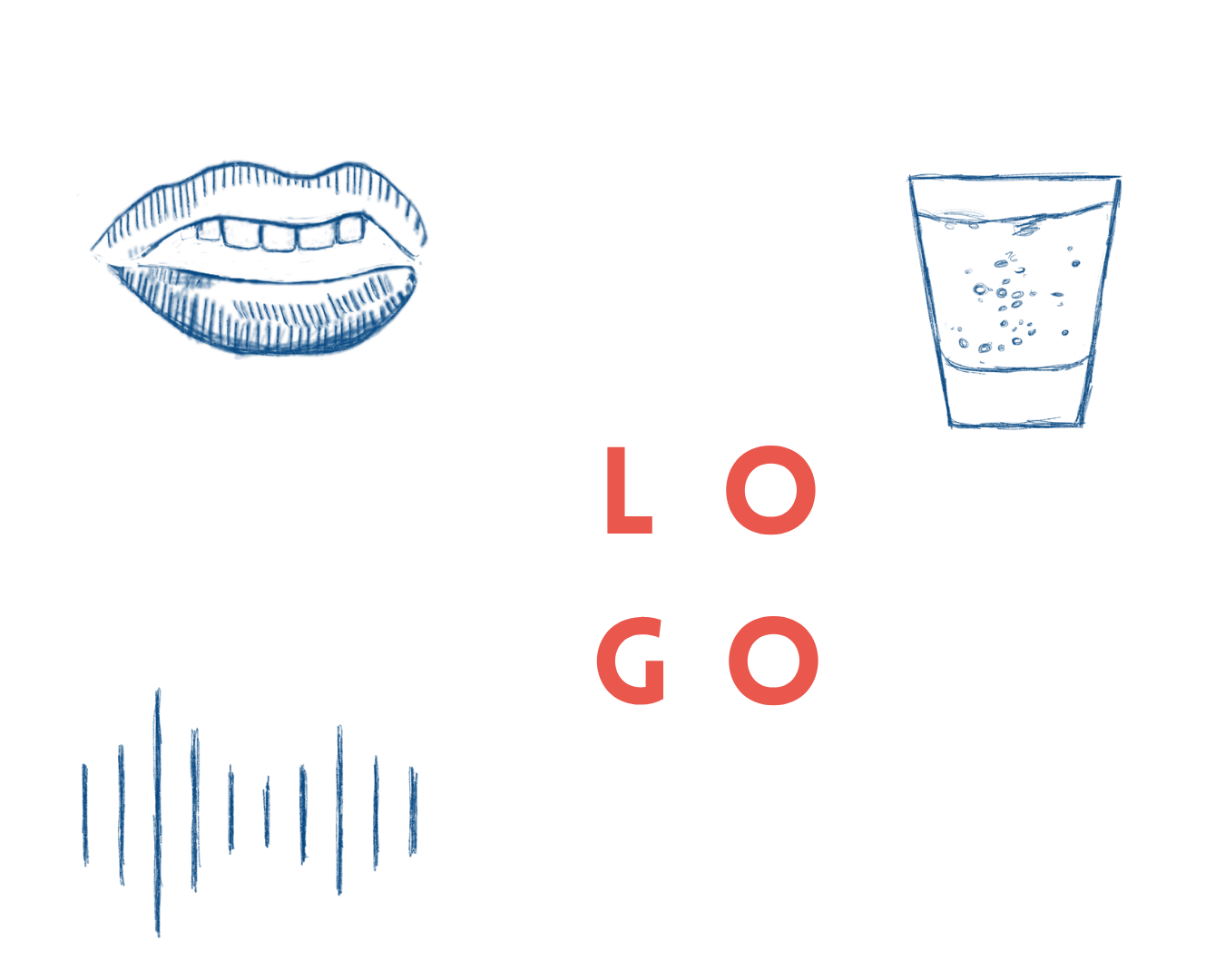 Vier blaue Symbole als Strichzeichnung: ein Mund mit sichtbaren Zähnen, ein Glas mit Eiswürfeln, eine stilisierte Schallwellen-Darstellung und der Schriftzug 'LOGO' in roten Buchstaben.