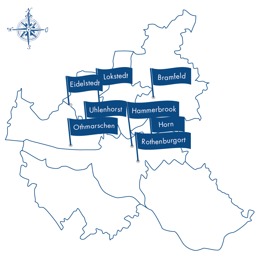 Karte mit markierten Stadtteilen Hamburgs: Eidelstedt, Lokstedt, Bramfeld, Uhlenhorst, Hammerbrook, Othmarschen, Horn, Rothenburgort