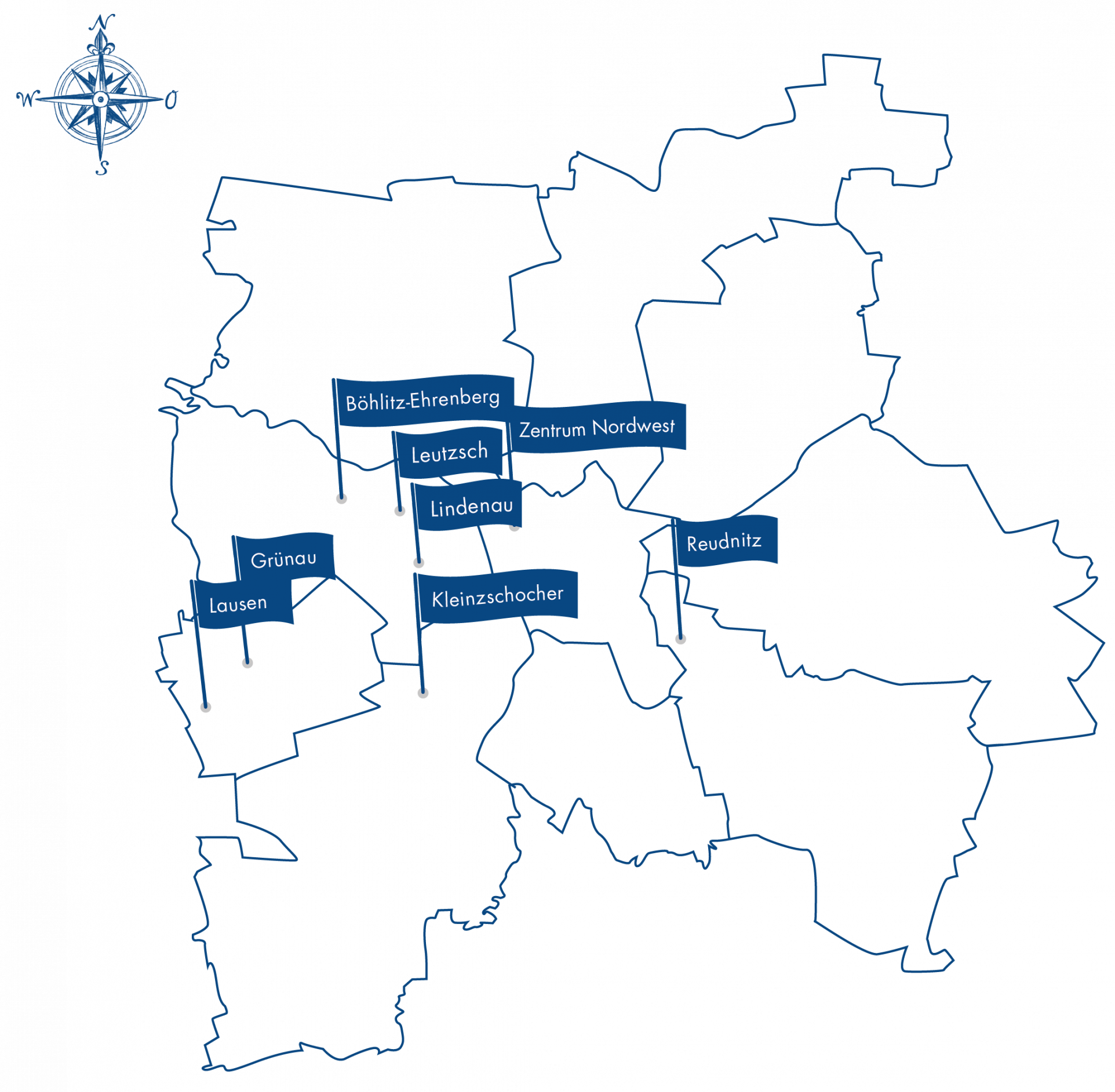 Schwarz-blaue Linienzeichnung einer Stadtkarte mit markierten Stadtteilen und Kompassrose.