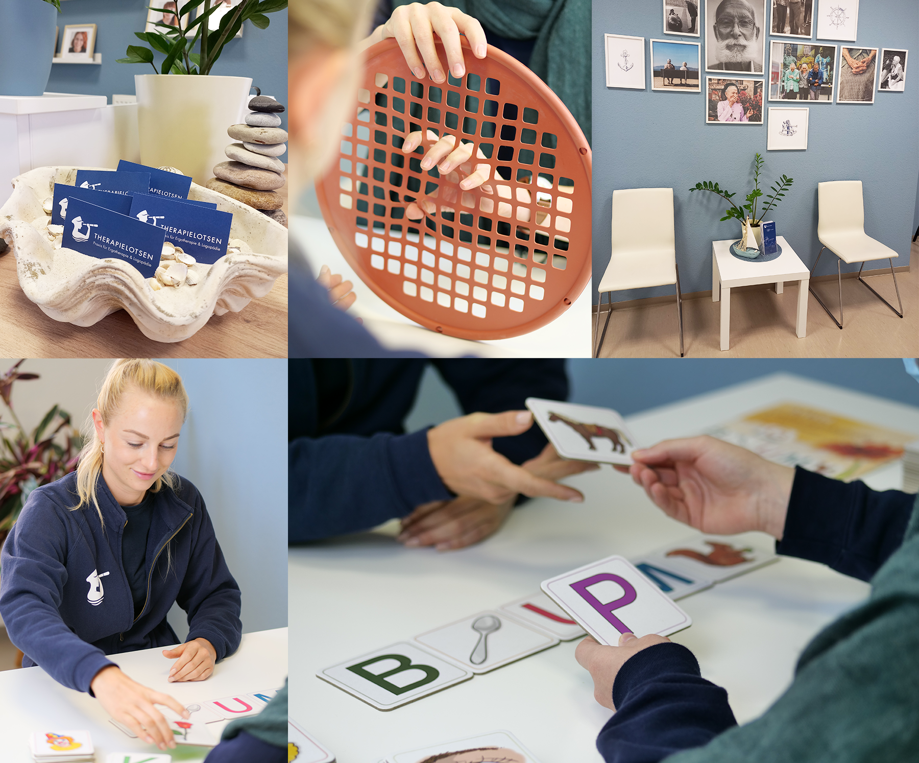 Collage mit vier Fotos: Muschelschale mit Visitenkarten und Steinturm, Hände halten ein rundes Gitter, zwei Stühle mit kleinem Tisch und Bildern an der Wand, Frau spielt mit Buchstabenkarten an einem Tisch